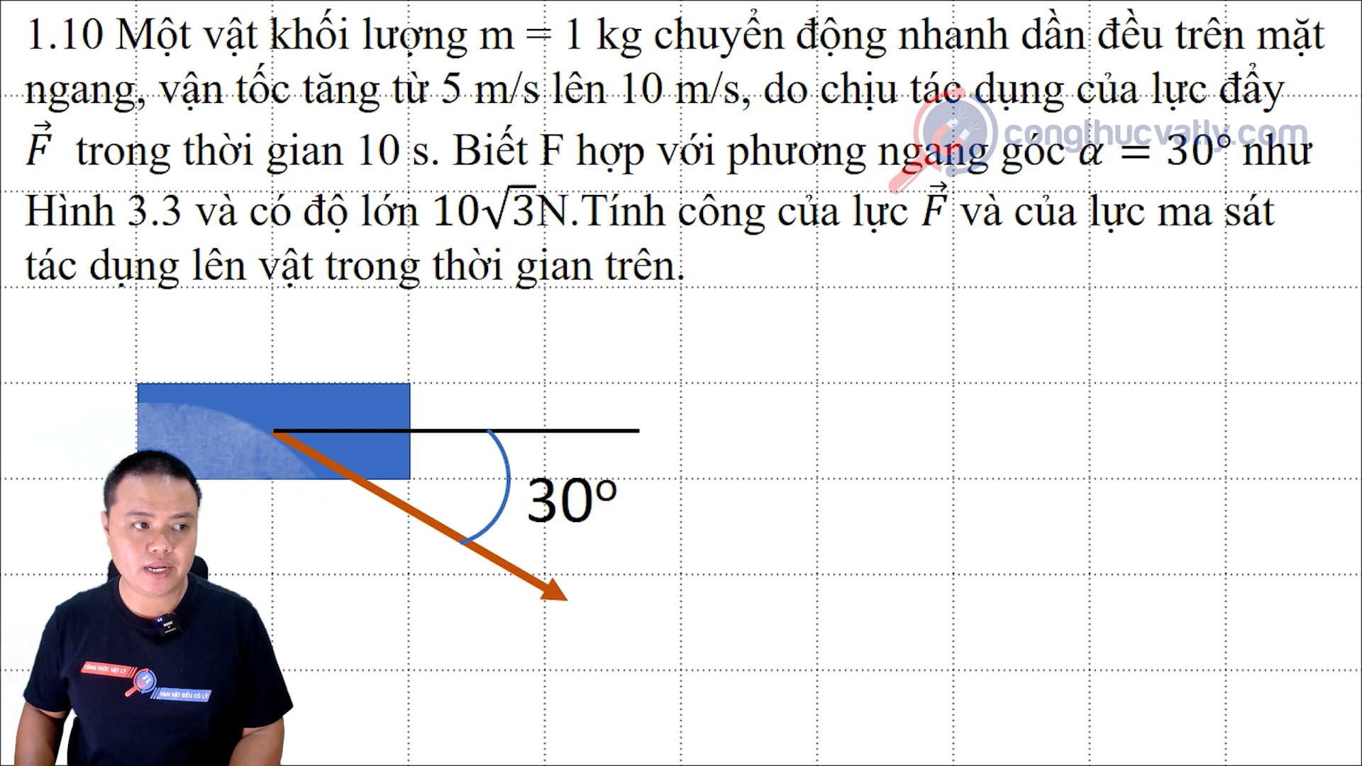 Một vật khối lượng m =1kg chuyển động nhanh dần đều trên mặt ngang, vận tốc tăng từ 5 m/s lên 10 m/s. Tính công của lực F và công của lực ma sát. 