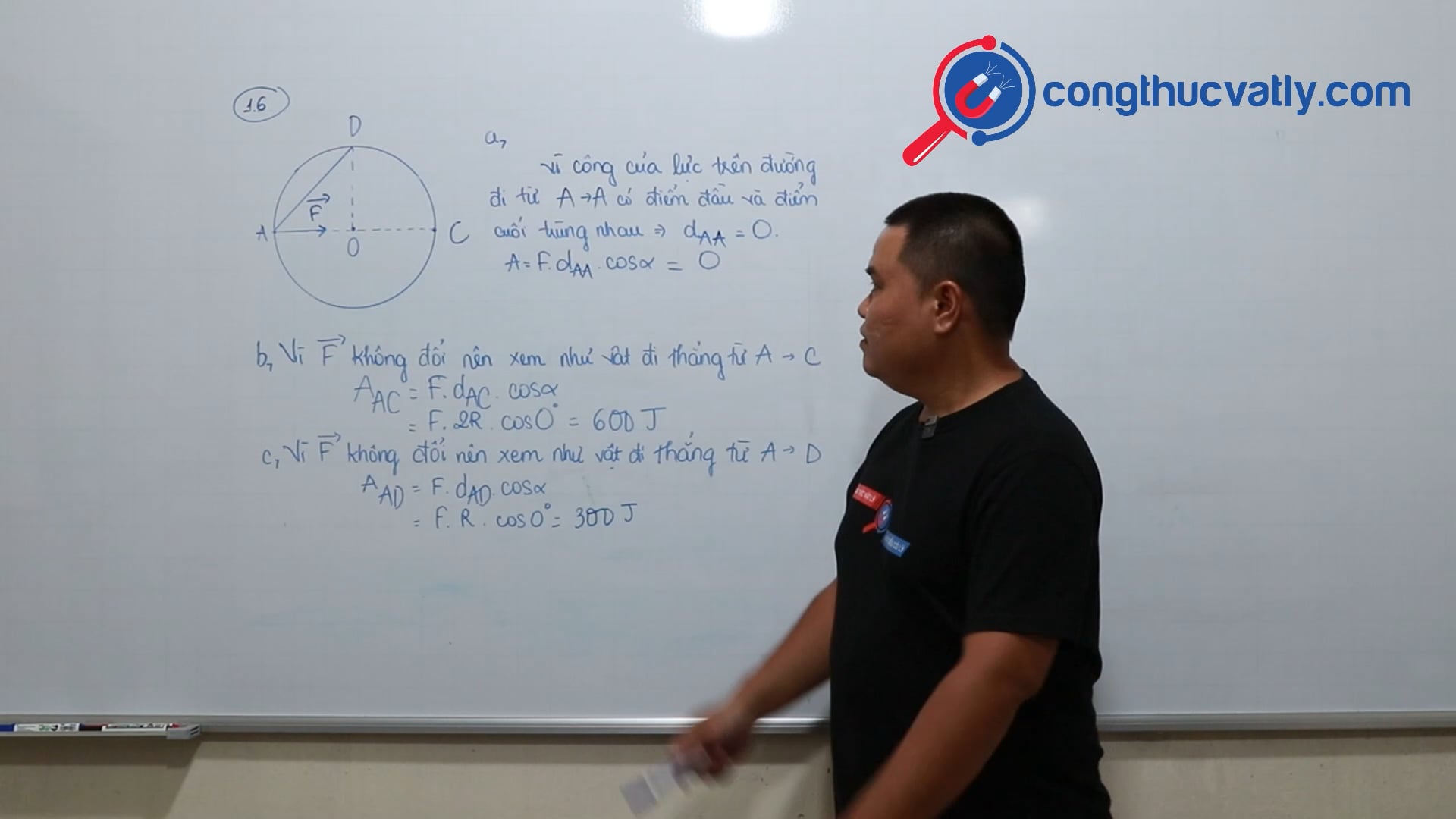 Tính công của lực F. Một đường tròn đường kính AC = 2R = 1m, một lực F có điểm đặt trên đường tròn có phương song song AC.