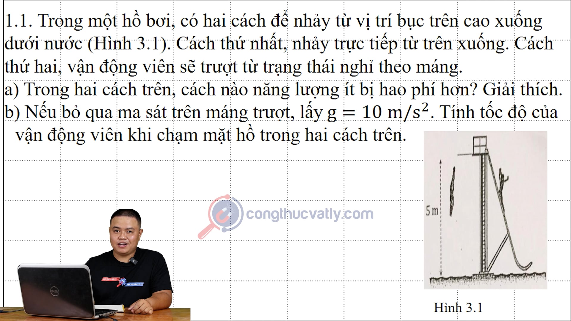 Trong một hồ bơi có hai cách để nhảy xuống dưới nước. Cách nào năng lượng ít bị hao phí hơn? 