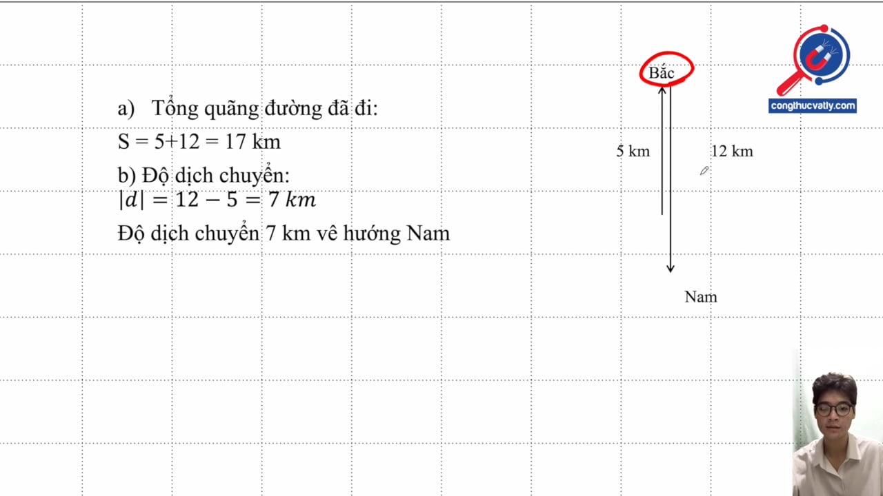Một người đi bộ 5,0 km trên một con đường thẳng theo hướng bắc rồi quay đầu lại và đi 12 km theo hướng nam. Tìm quãng đường và độ dịch chuyển.