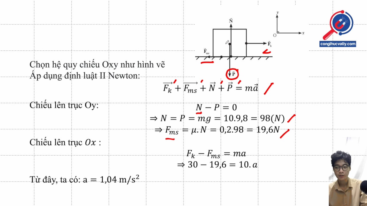 Cho một vật có khối lượng 10 kg đặt trên mặt sàn nằm ngang. Một người tác dụng một lực 30 N kéo vật theo phương ngang. Tính gia tốc của vật.