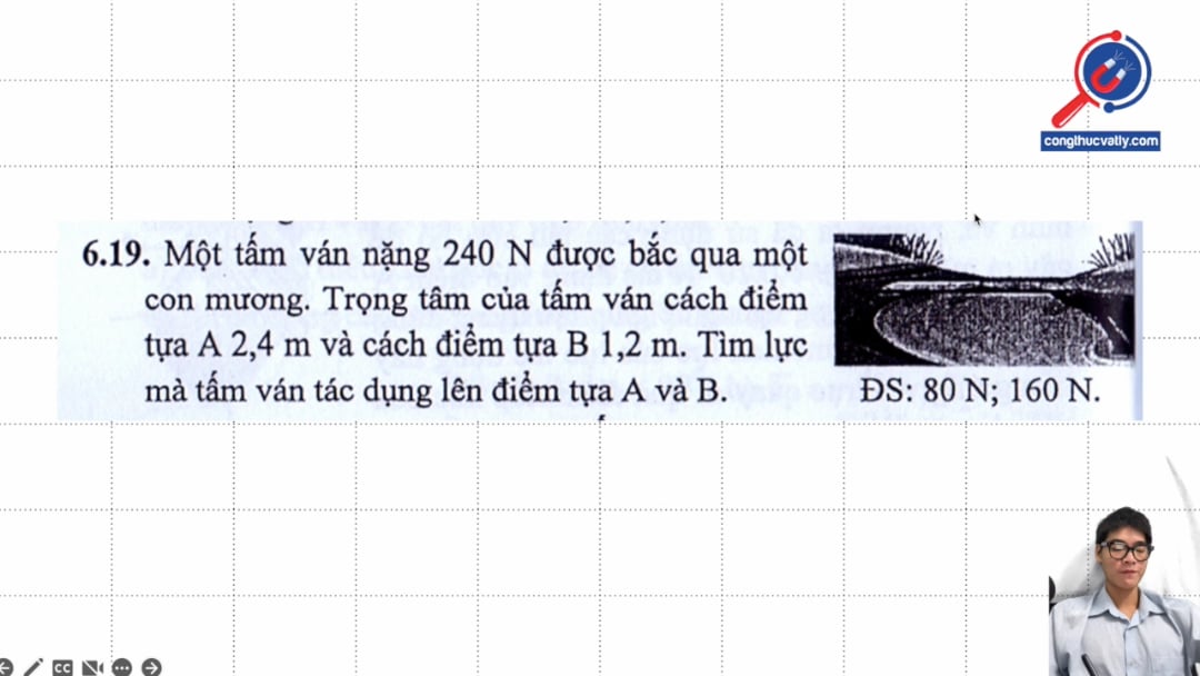 Một tấm ván nặng 240 N được bắc qua một con mương. Trọng tâm của tấm ván các A 2,4 m và B 1,2 m. Tìm lực mà tấm ván tác dụng lên điểm tựa A và B.