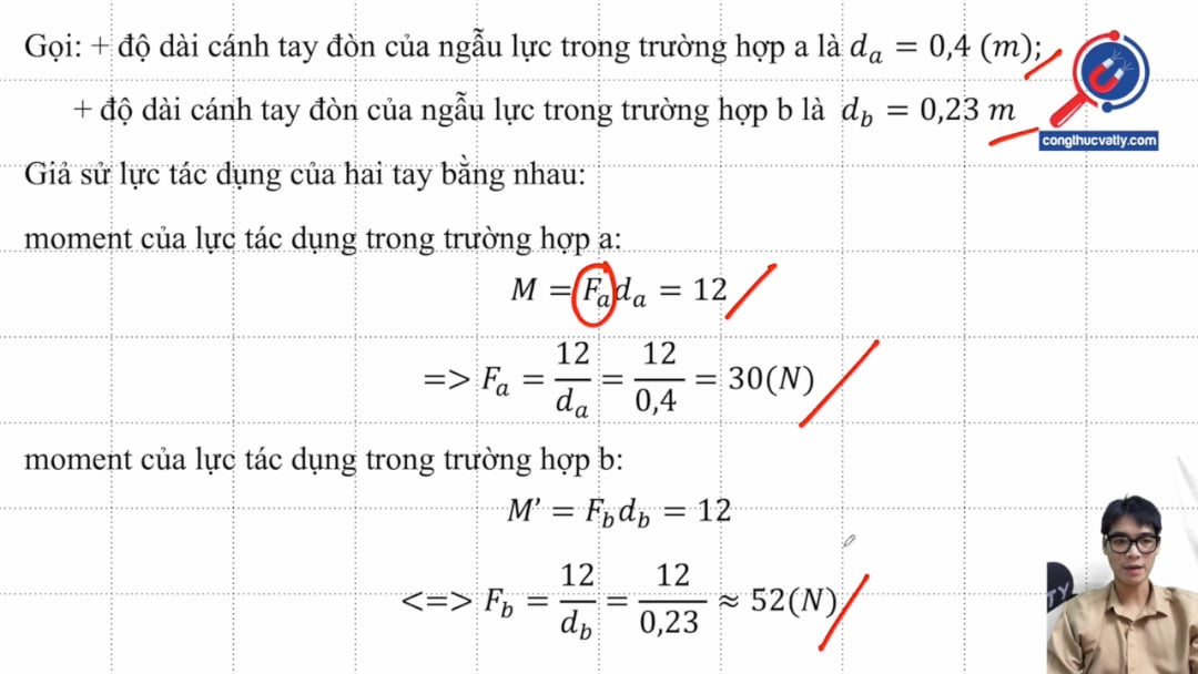 Ta cần tác dụng một mômen ngẫu lực 12 N.m để làm quay bánh xe như hình ảnh. Xác định độ lớn lực tác dụng vào bánh xe ở hình a và hình b.