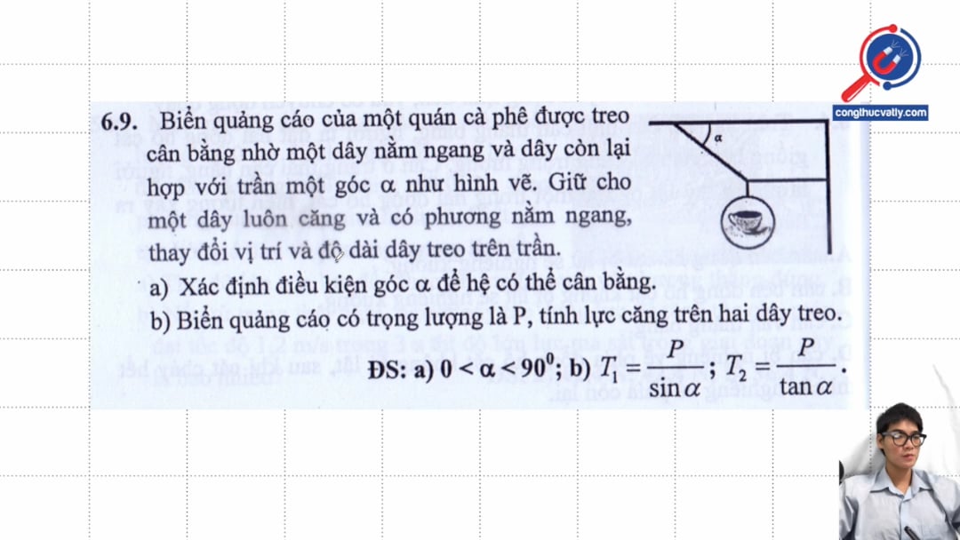 Biển quảng cáo của một quán cà phê được treo cân bằng nhờ một dây nằm ngang và dây còn lại hợp với trần một góc anpha. Xác định điều kiện góc anpha để hệ cân bằng.