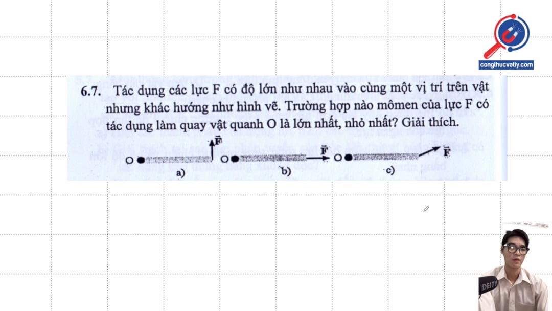 Tác dụng các lực F có độ lớn như nhau vào cùng một vị trí trên nhưng khác hướng như hình vẽ. Trường hợp nào mômen của lực F có tác dụng làm quay vật quanh O là lớn nhất, nhỏ nhất?