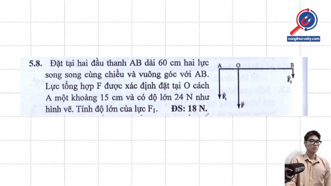 Đặt tại hai đầu thanh AB dài 60 cm hai lực song song cùng chiều và vuông góc với AB. Lực tổng hợp F được xác định đặt tại O. Tính độ lớn của lực F1.