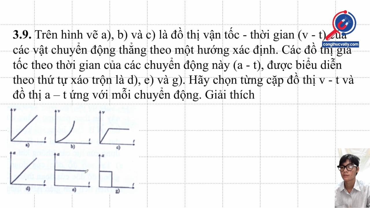 Trên hình vẽ a), b) và c) là đồ thị vận tốc - thời gian (v - t) của các vật chuyển động thẳng theo một hướng xác định. Hãy chọn từng cặp đồ thị v - t và a - t ứng với chuyển động.