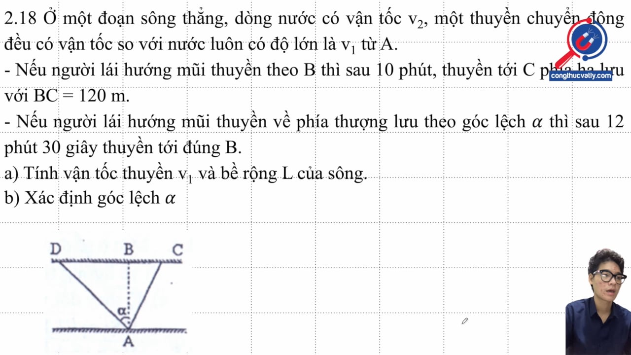 Ở một đoạn sông thẳng, dòng nước có vận tốc v2, một thuyền chuyển động đều có vận tốc so với nước luôn có độ lớn là v1 từ A. Tính vận tốc v1 và bề rộng L. Tính góc lệch.