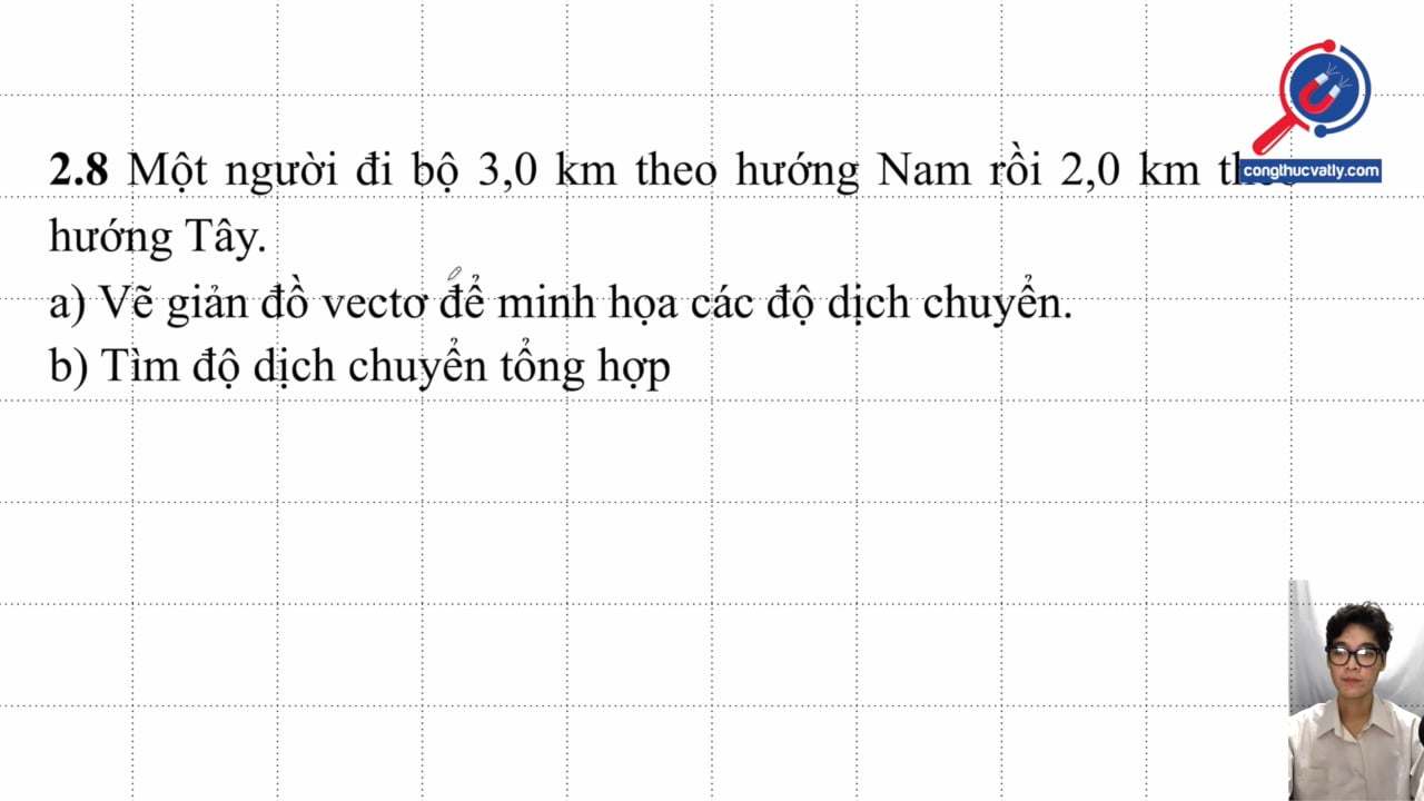 Một người đi bộ 3,0 km theo hướng Nam rồi 2,0 km theo hướng Tây. Vẽ giản đồ vectơ để minh họa các độ dịch chuyển và tìm độ dịch chuyển tổng hợp.