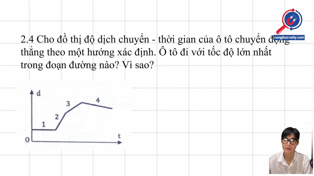 Cho đồ thị độ dịch chuyển - thời gian của ô tô chuyển động thẳng theo một hướng xác định. Ô tô đi với tốc độ lớn nhất trong đoạn đường nào? Vì sao?