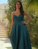 Video: Satin long gown with draped bodice