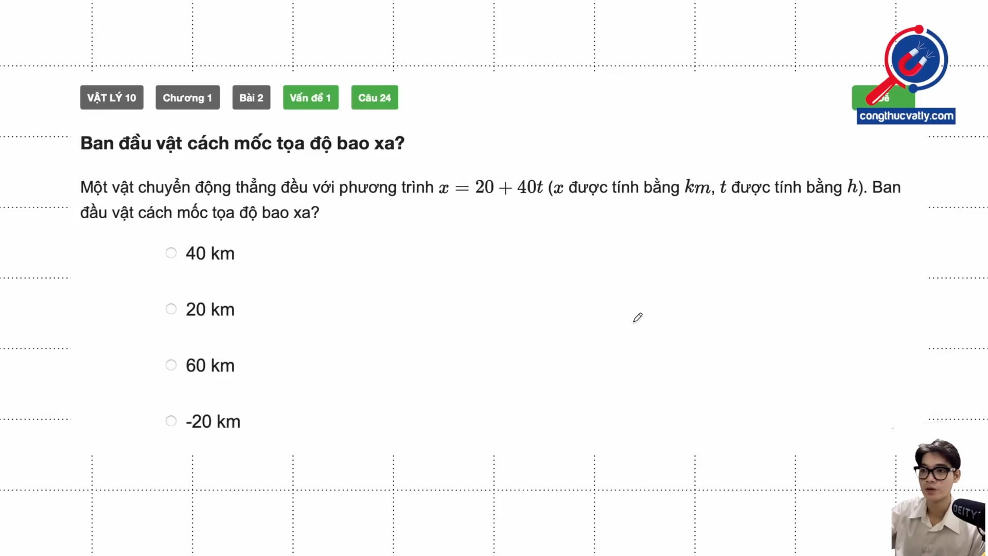 Ban đầu vật cách mốc tọa độ bao xa?