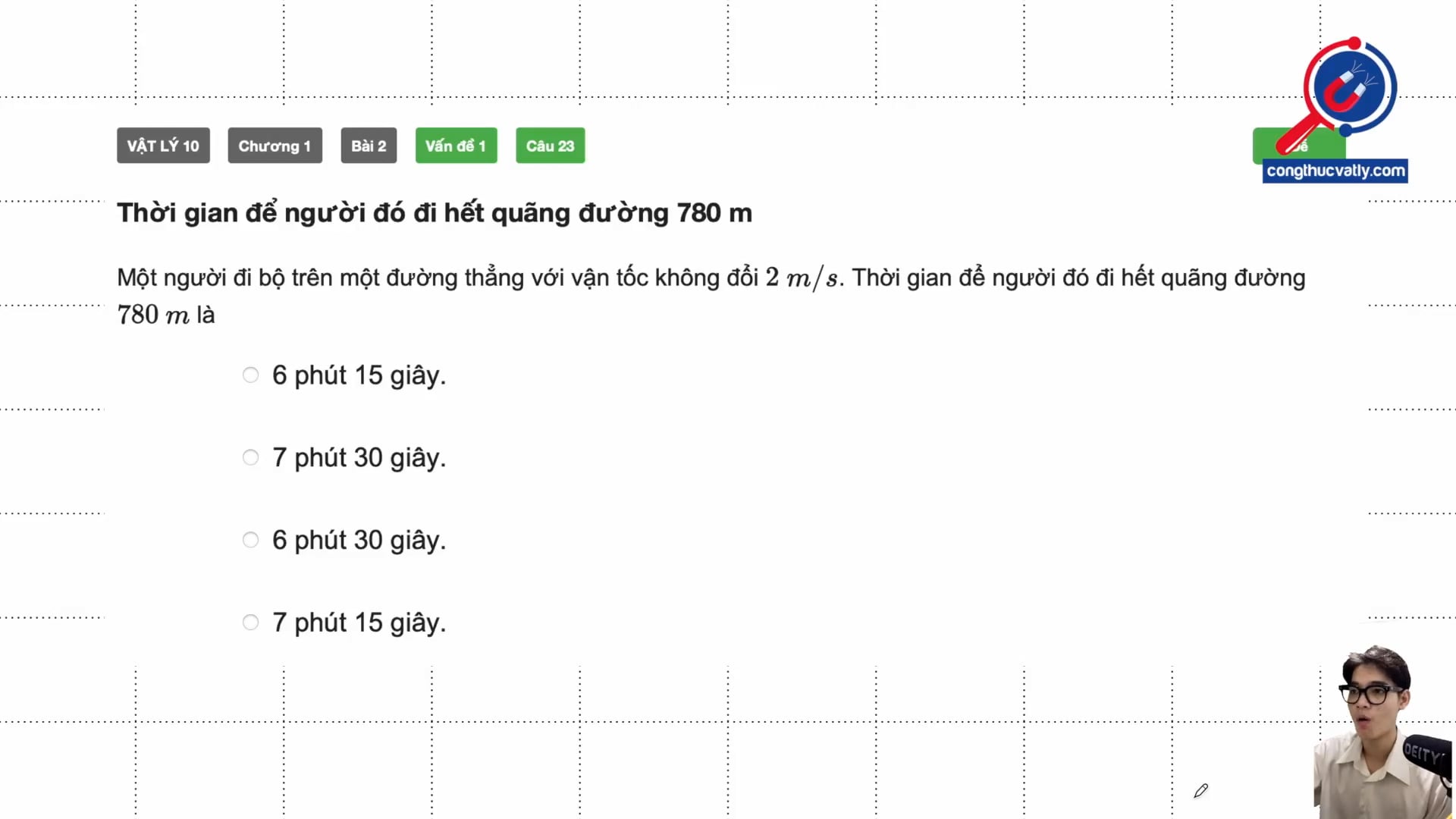 Thời gian để người đó đi hết quãng đường 780 m 