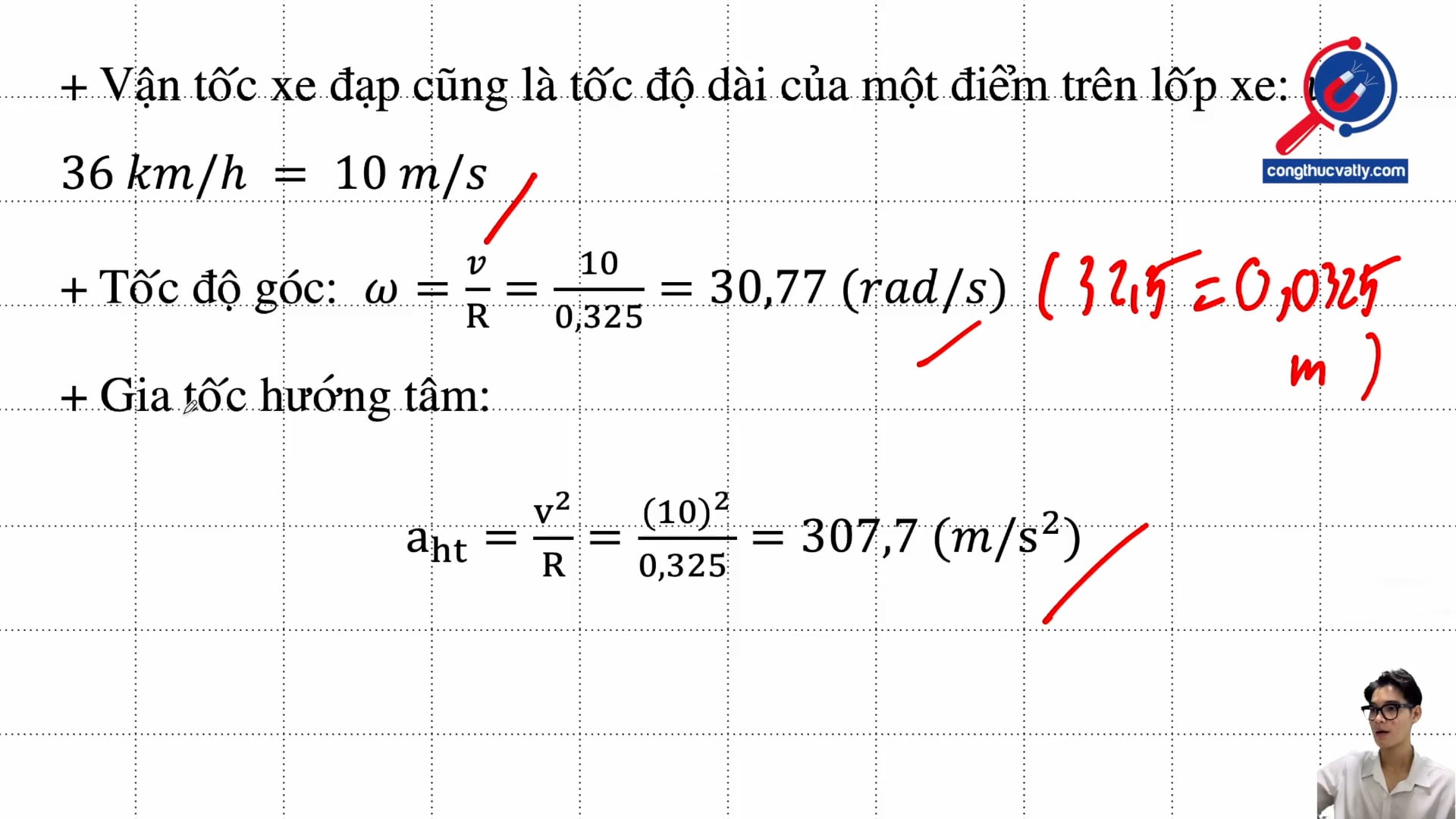 Tính tốc độ góc và gia tốc hướng tâm tại một điểm trên lốp bánh xe.