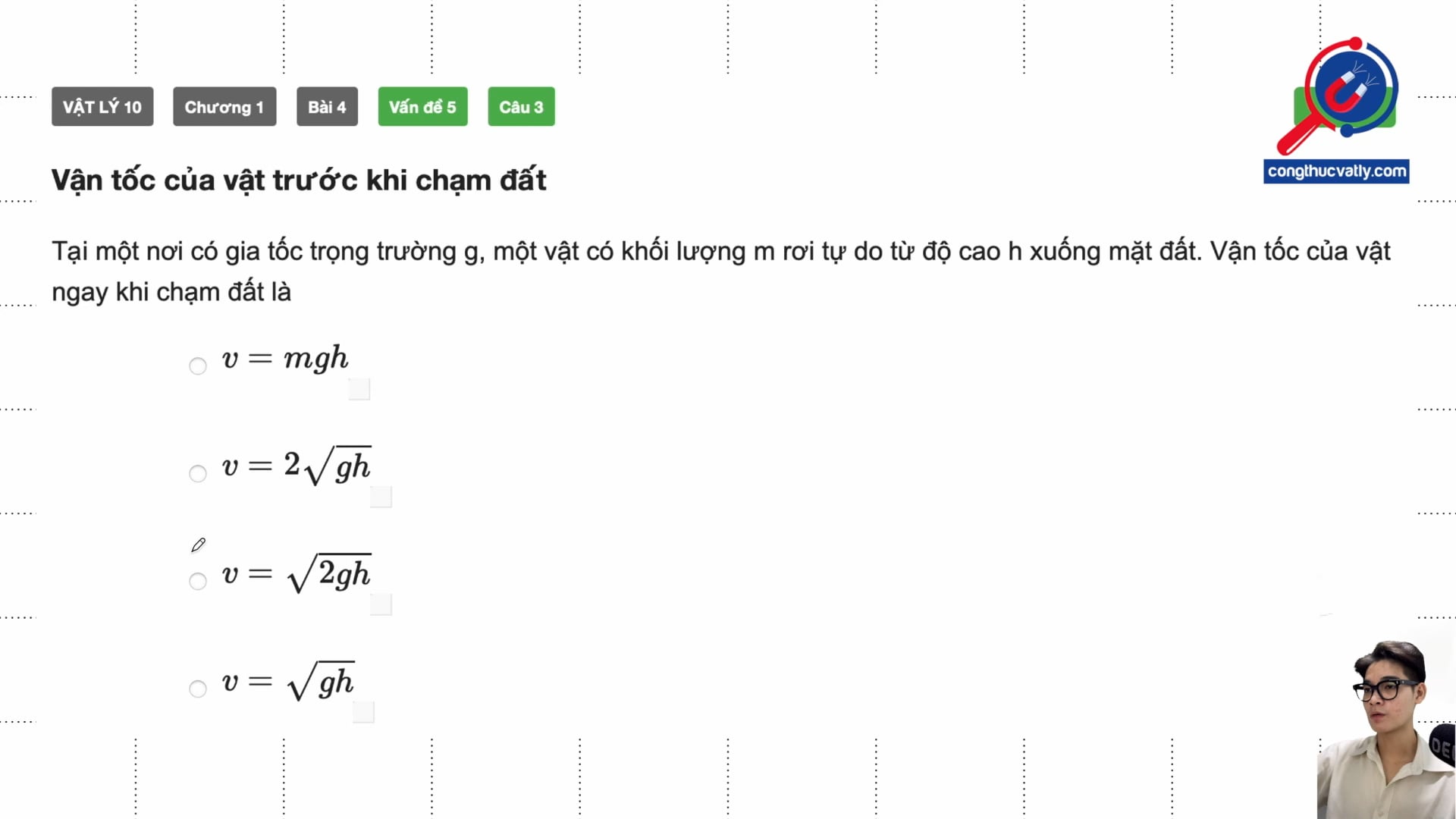 Vận tốc của vật trước khi chạm đất