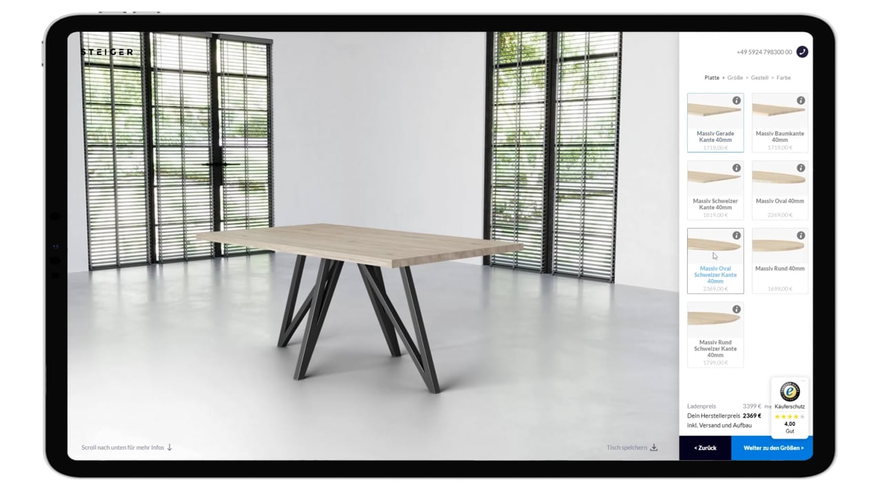 Table Configurator 3D Rendering for Steiger Moebel
