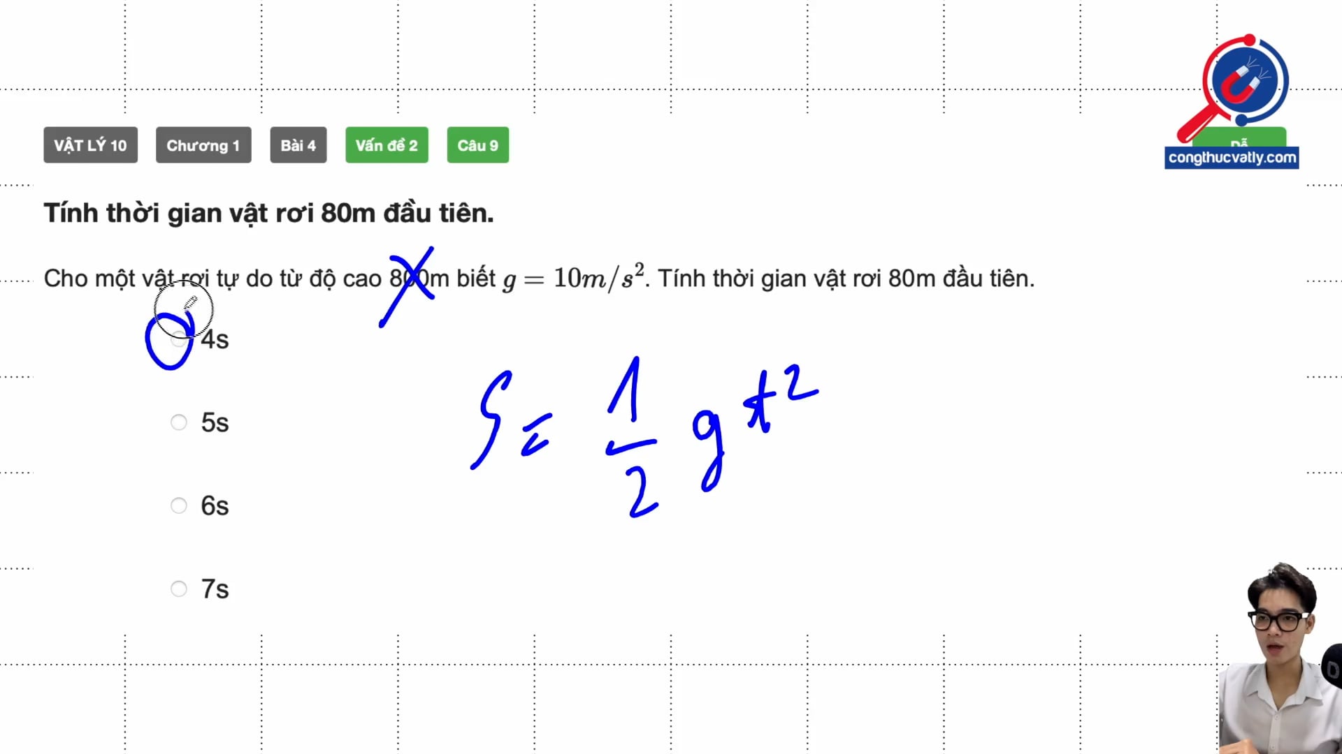 Tính thời gian vật rơi 80m đầu tiên.
