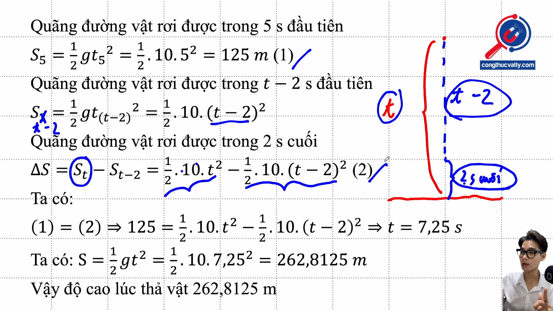 Xác định thời gian rơi và độ cao h. Biết trong  2s cuối cùng vật rơi được quãng đường bằng quãng đường đi trong 5s đầu tiên.