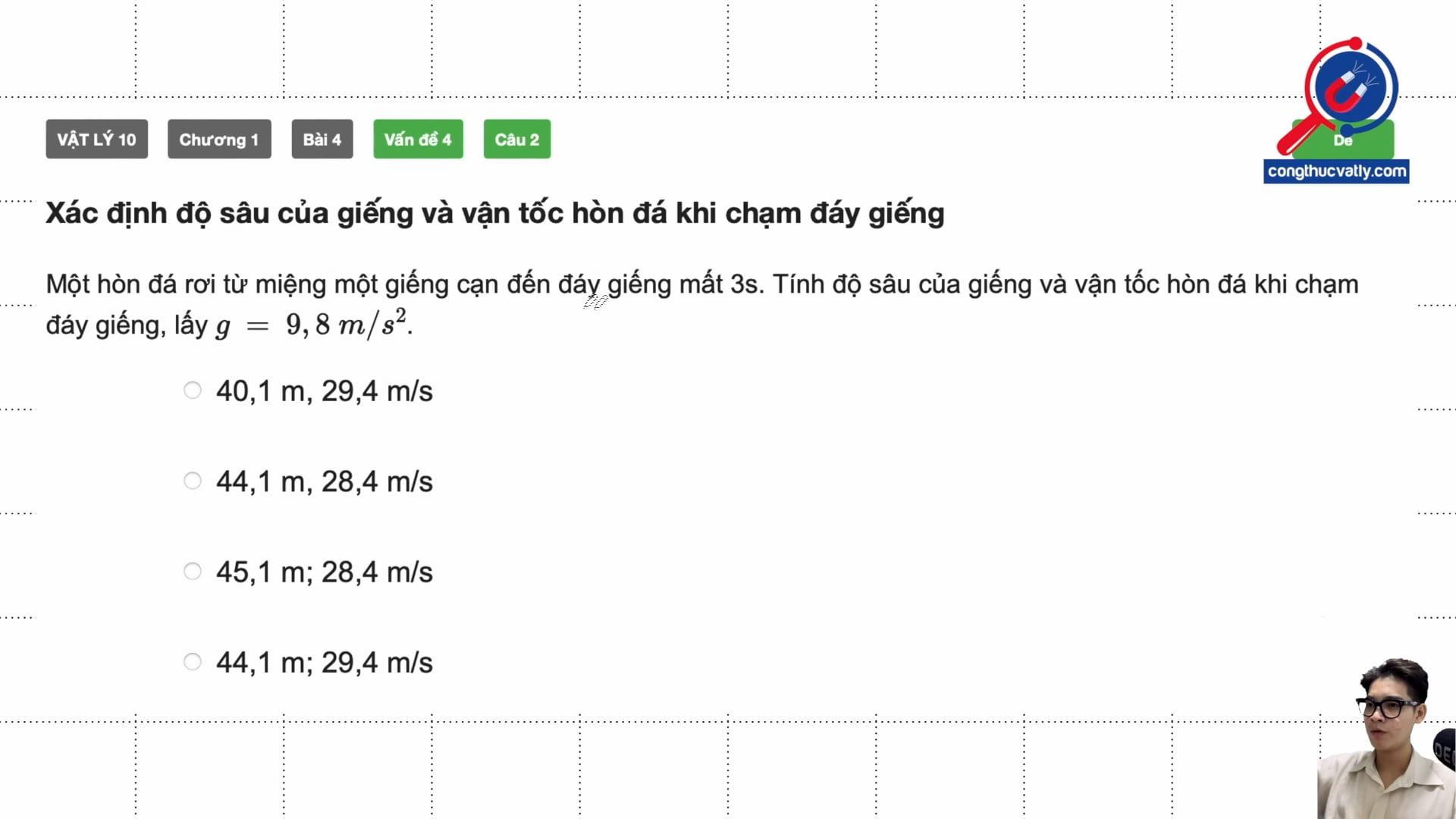 Xác định độ sâu của giếng và vận tốc hòn đá khi chạm đáy giếng