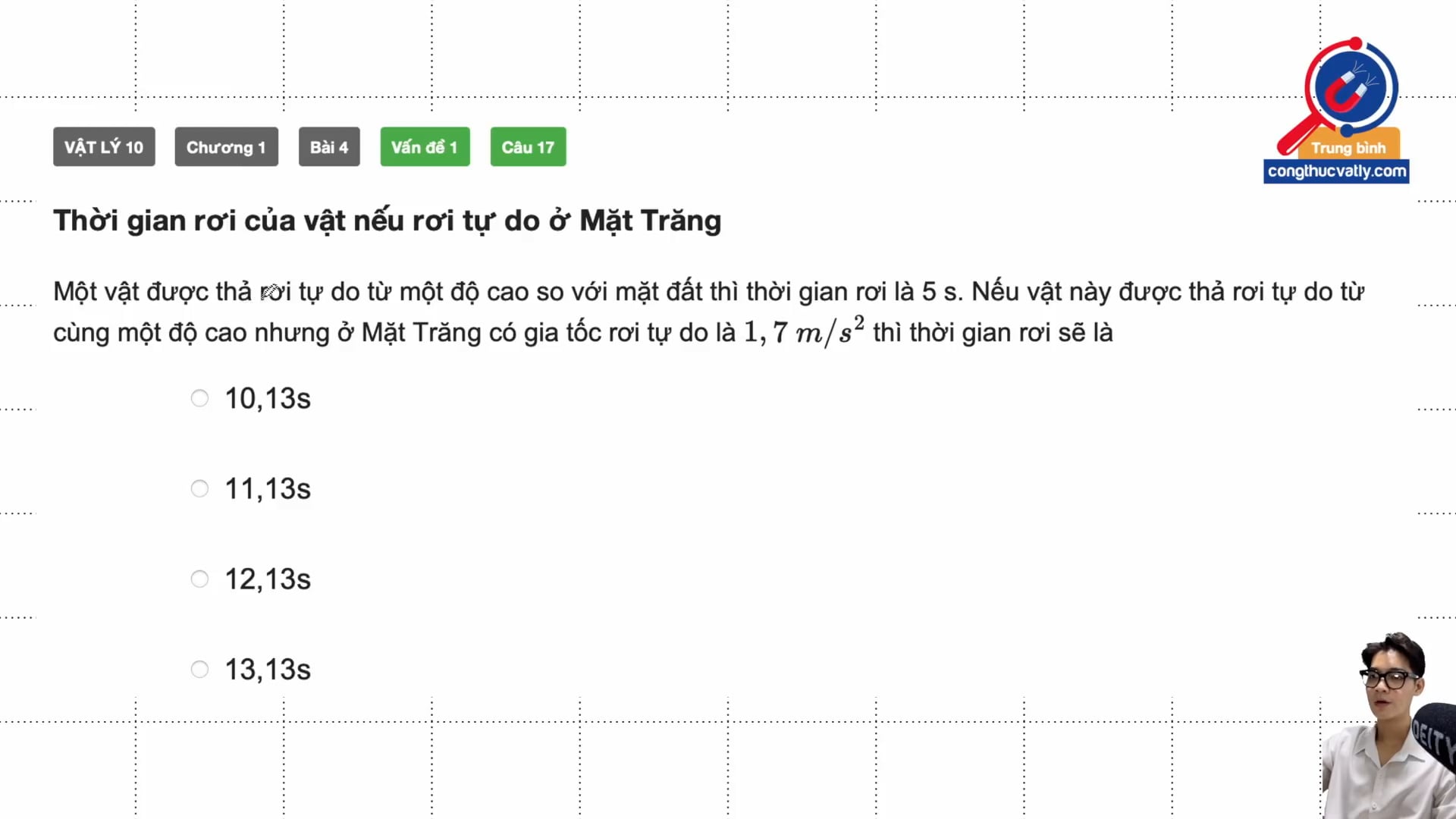 Thời gian rơi của vật nếu rơi tự do ở Mặt Trăng