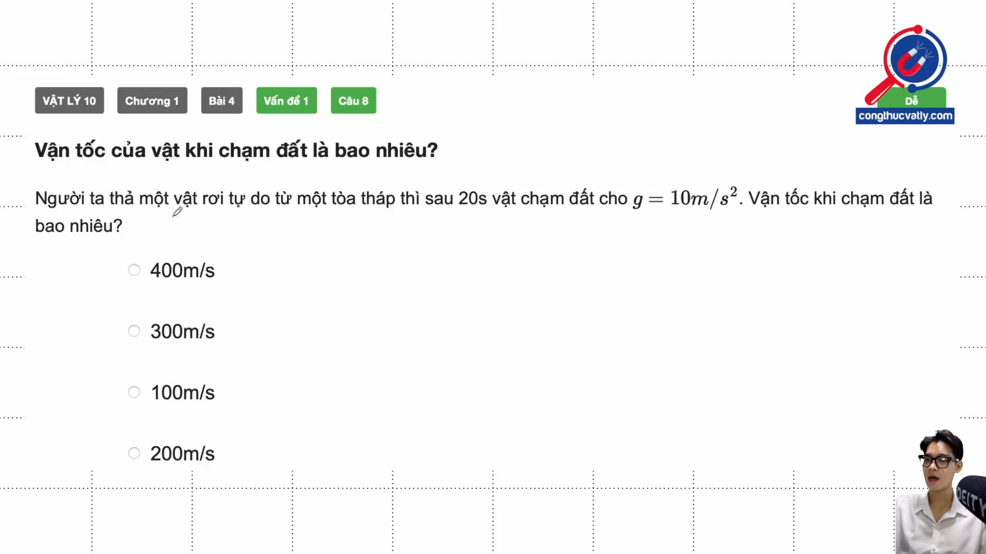 Vận tốc của vật khi chạm đất là bao nhiêu?