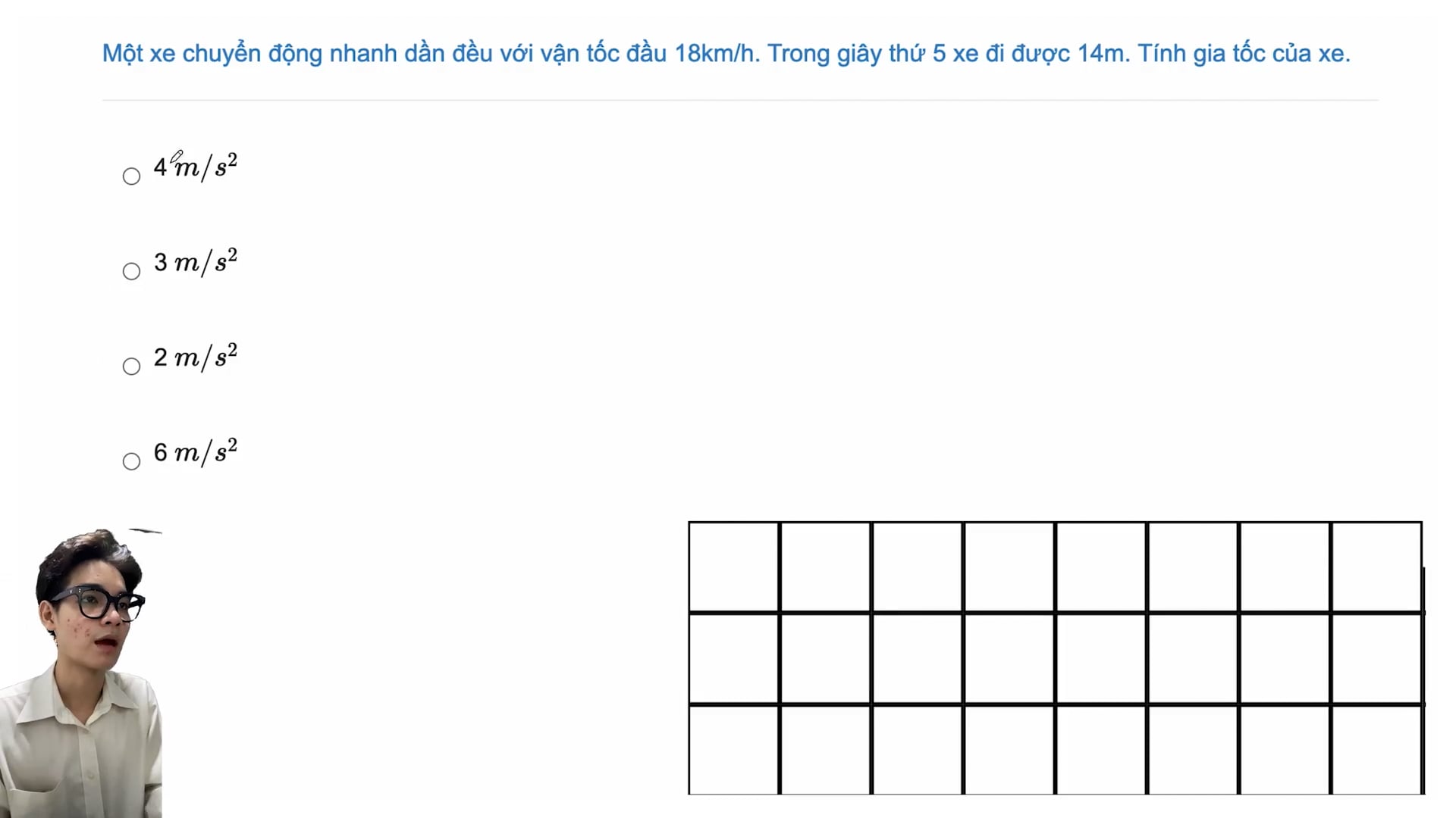 Bài tập về chuyển động thẳng biến đổi đều. Trong giây thứ 5 xe đi được quãng đường 14m. Tính gia tốc của xe?