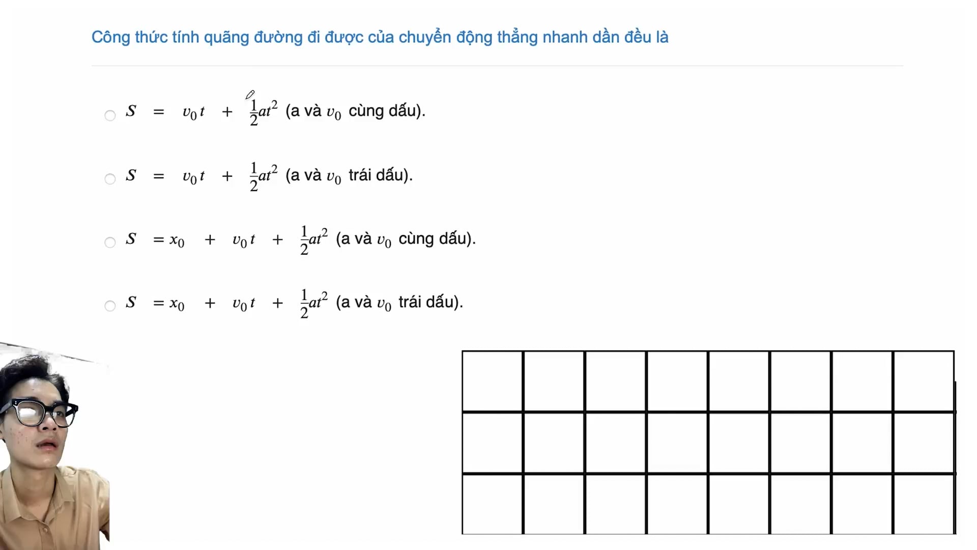 Công thức tính quãng đường đi được của chuyển động thẳng nhanh dần đều.