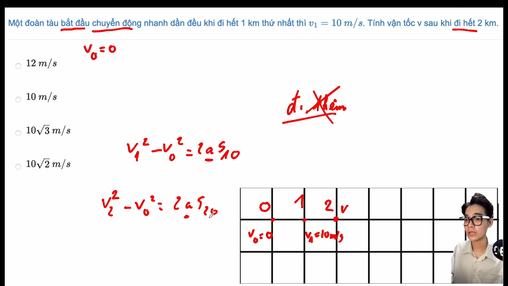 Xác định vận tốc của đoàn tàu khi đi hết 2km. 