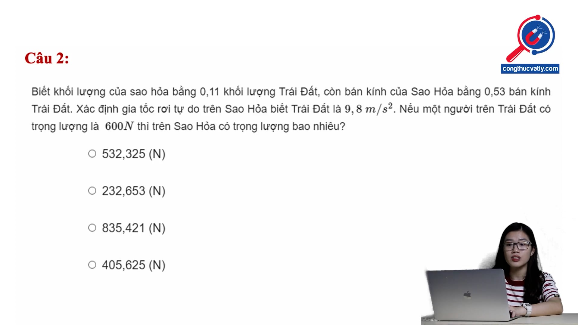 Trọng lượng của người 600N trên sao Hỏa 