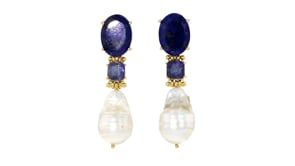 13-14mm Cultured Baroque Pearl and 5.25 ct. t.w. Iolite Drop Earrings with Lapis in 18kt Gold Over Sterling