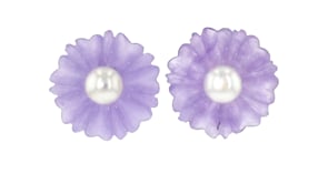 8-8.5mm Cultured Pearl and Lavender Jade Flower Earrings with 14kt Yellow Gold