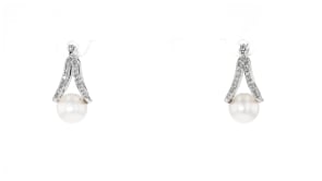 6.5-7mm Cultured Pearl and .10 ct. t.w. Diamond Double-Hoop Earrings in Sterling Silver