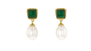 8.5-9mm Cultured Pearl and 2.80 ct. t.w. Emerald Drop Earrings in 18kt Gold Over Sterling