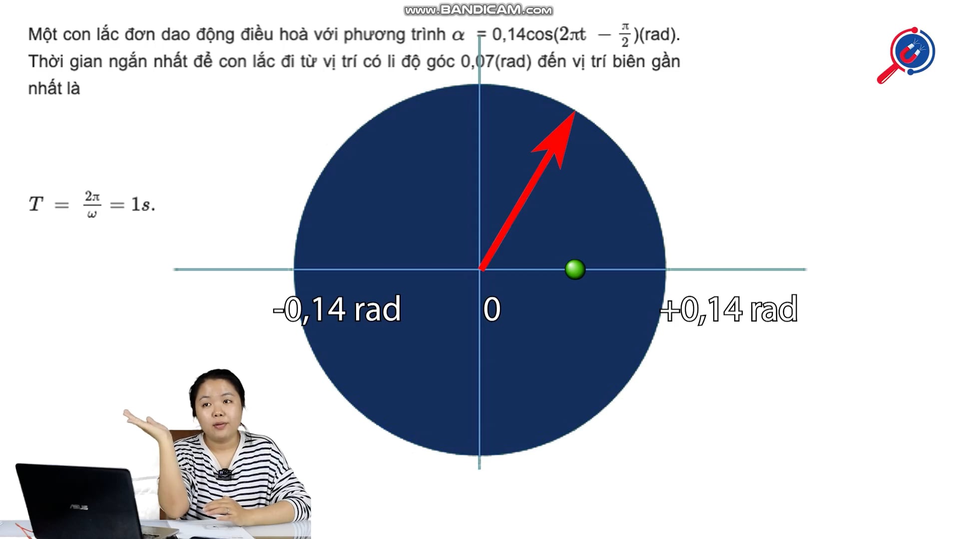Tìm thời gian ngắn nhất đi từ li độ 0.07 rad đến vị trí biên biết α = 0,14cos(2πt-π/2)