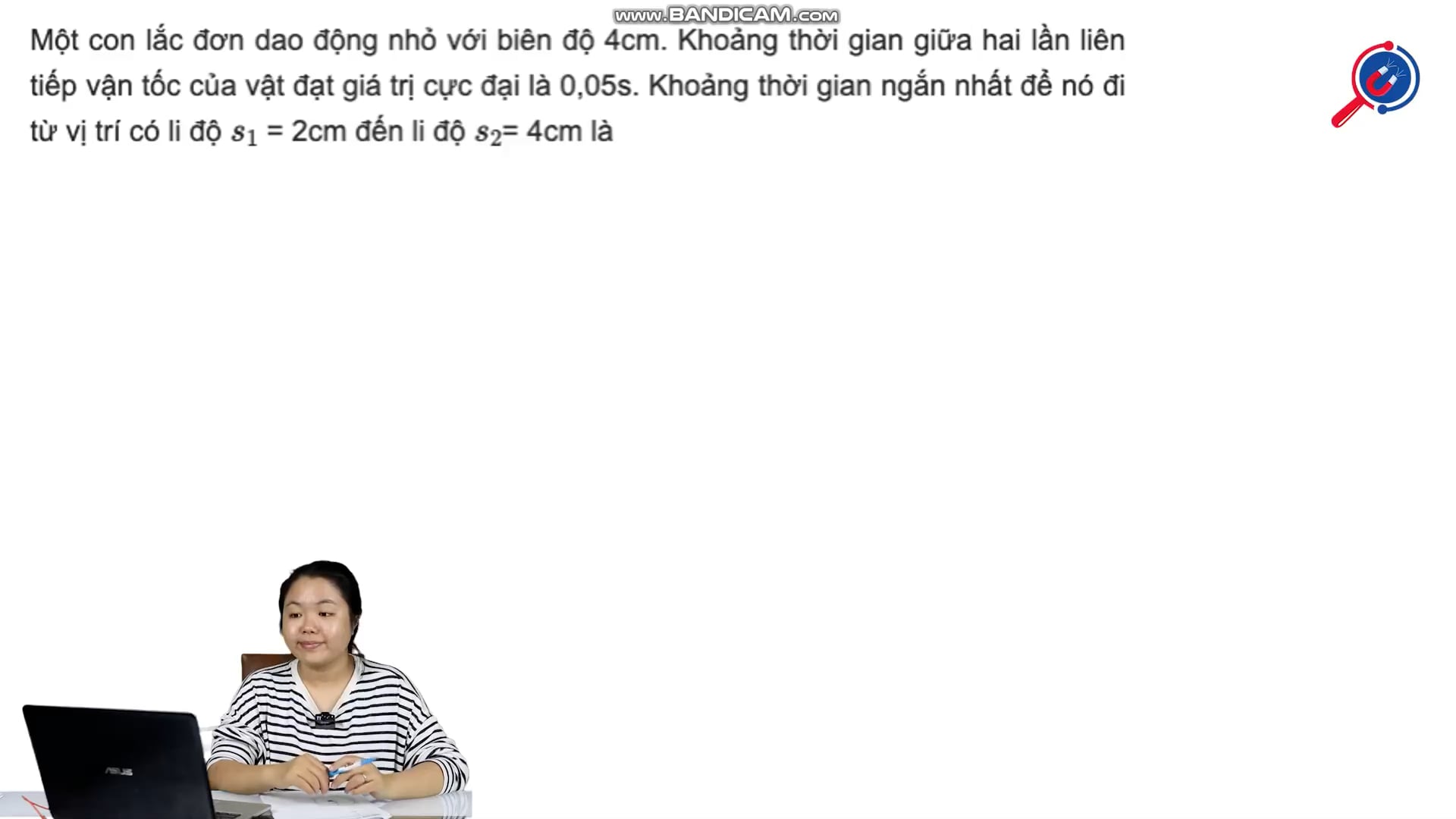 Thời gian ngắn nhất để vật đi từ li độ s1 đến s2 là...