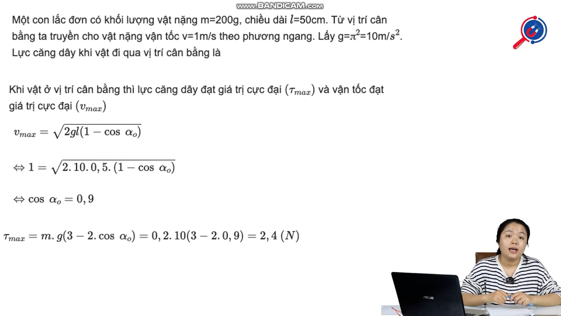 Lực căng dây khi vật qua vị trí cân bằng biết ở vị trí cân bằng ta truyền cho vật nặng vận tốc v=1m/s theo phương ngang...