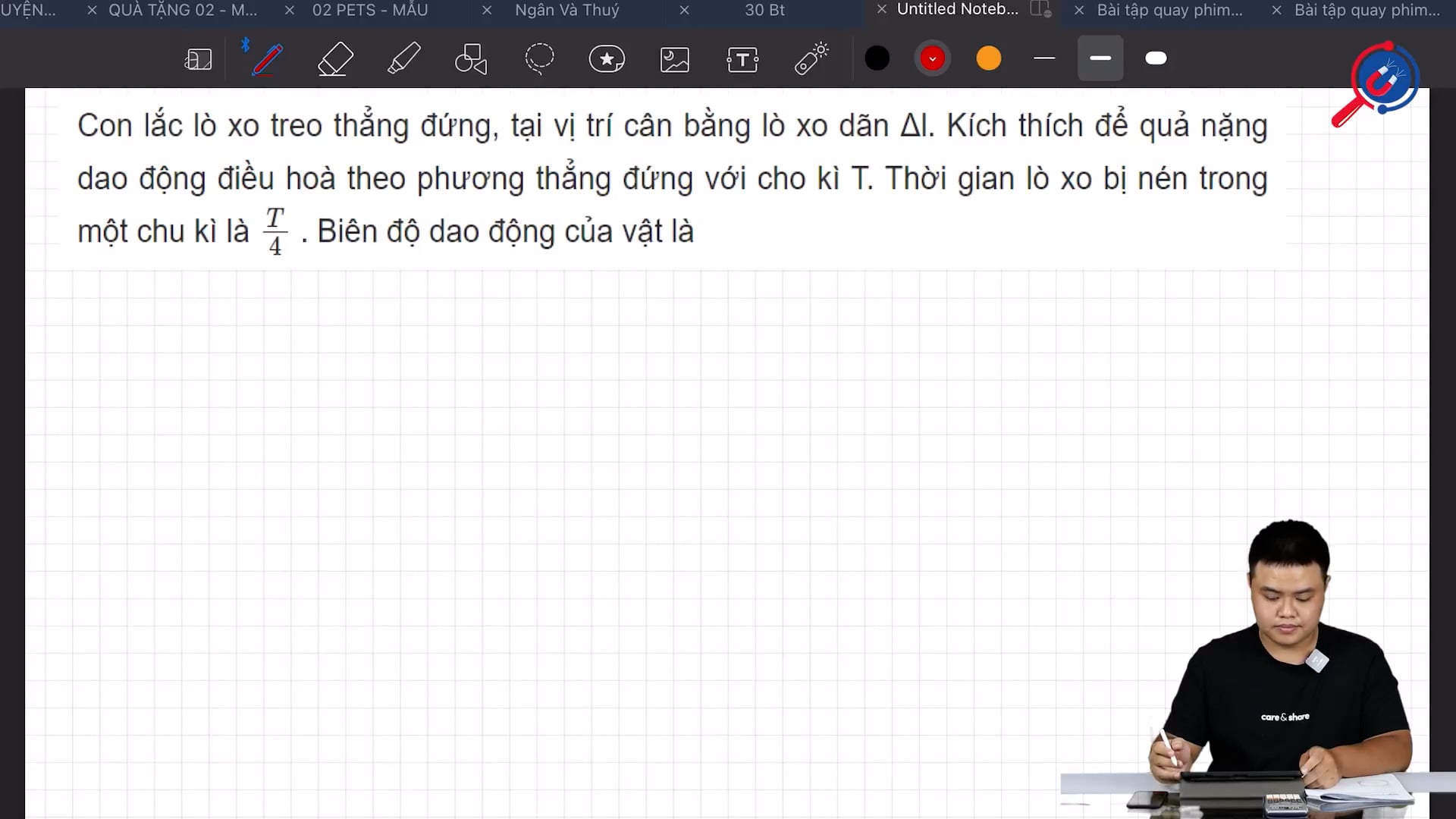 Con lắc lò xo treo thẳng đứng, tại vị trí cân bằng lò xo dãn Δl. Thời gian lò xo bị nén trong một chu kì là T/4. Tìm biên độ dao động