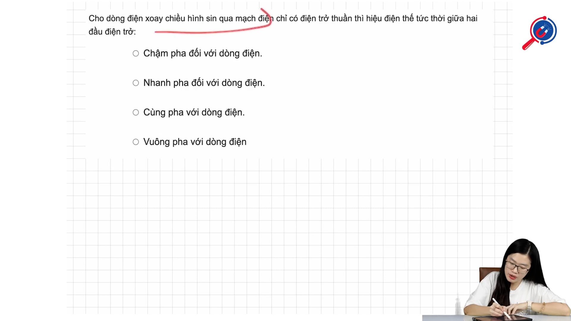 Cho dòng điện xoay chiều hình sin qua mạch điện chỉ có điện trở thuần thì hiệu thế tức thời giữa hai đầu điện trở