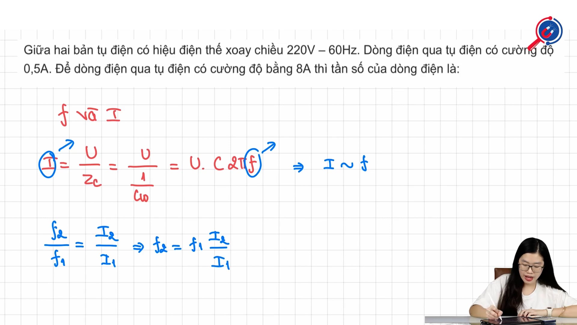 Để dòng điện qua tụ điện có cường độ bằng 8A thì tần số của dòng điện là