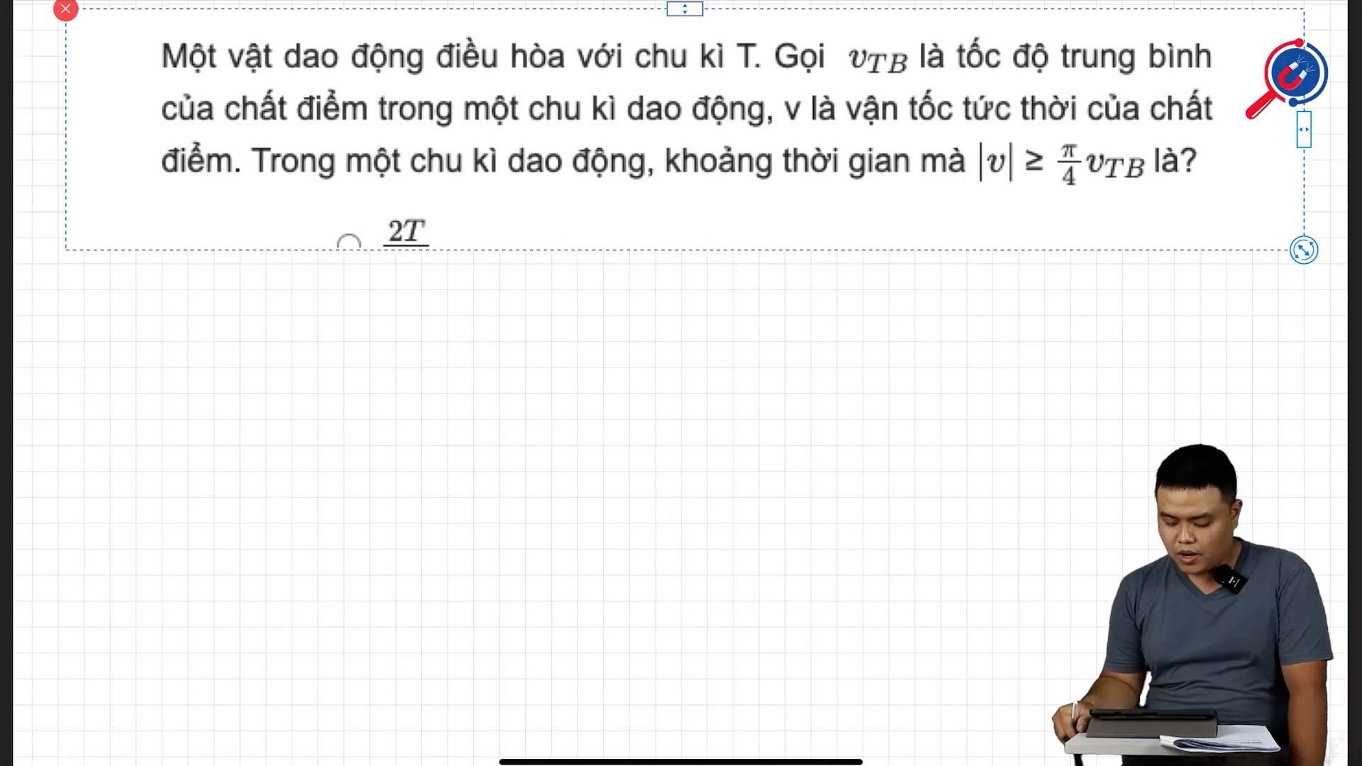 Trong một chu kì dao động, khoảng thời gian mà v > (pi/4) v trung bình là?