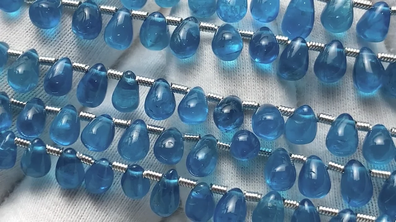 動画】ネオンブルーアパタイトAAA- ドロップ(プレーン) 1連(約18cm