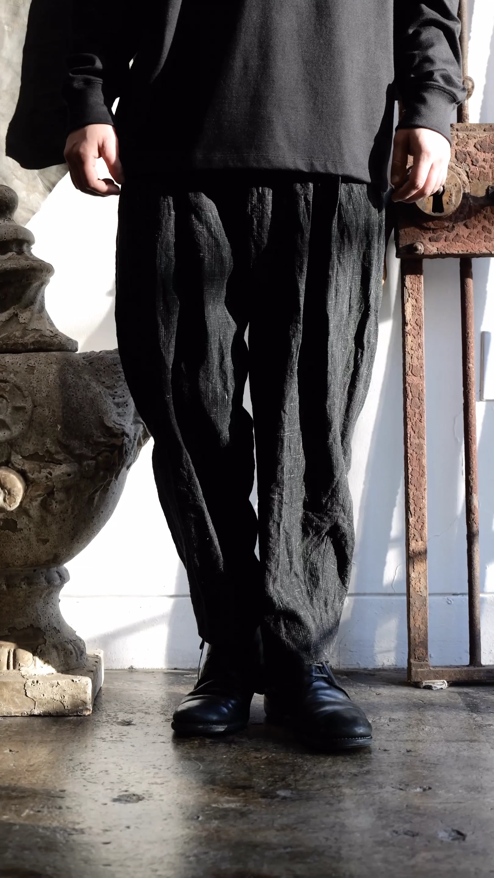 PANTS027. Triple Pleated Wide Kasuri Cloth. Black. Collection 004