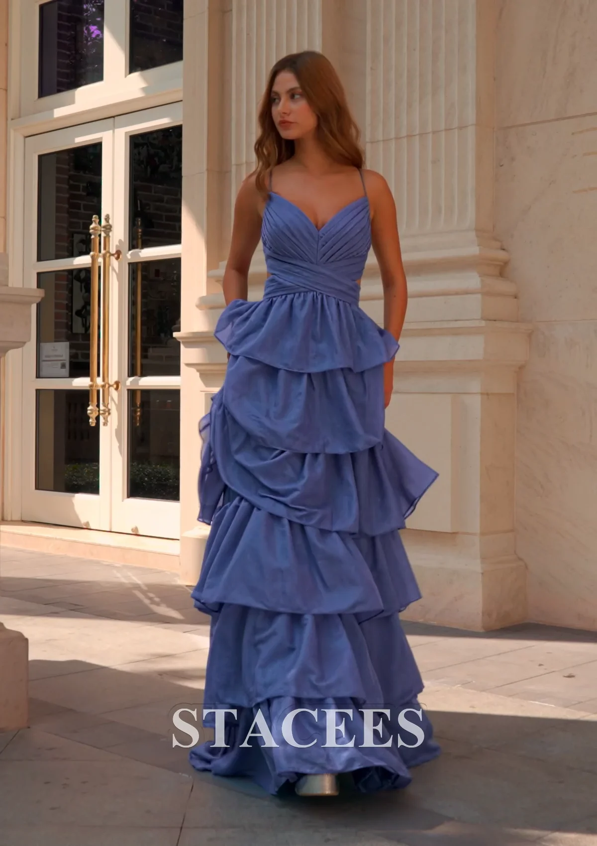 A-line Princess V Neck Knit Sweep Train Prom Dress with