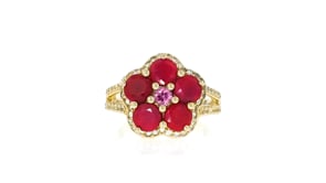 3.50 ct. t.w. Ruby and .20 Carat Pink Sapphire Flower Ring with .60 ct. t.w. White Topaz in 18kt Gold Over Sterling