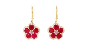 7.00 ct. t.w. Ruby and 1.00 ct. t.w. White Topaz Flower Drop Earrings with .40 ct. t.w. Pink Sapphires in 18kt Gold Over Sterlin