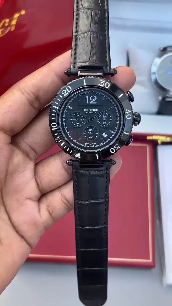 Cartier Pasha Chronograph Men's Watch Black Leather Strap