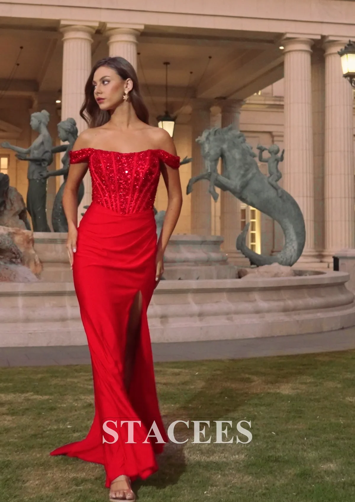 Fitted Off-the-Shoulder Corset Slit Long Prom Dress with