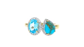 Turquoise and 1.40 Carat Swiss Blue Topaz Toi et Moi Ring with .15 ct. t.w. Diamonds in 14kt Yellow Gold
