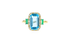 4.30 Carat Swiss Blue Topaz and .20 ct. t.w. Emerald Ring with .10 ct. t.w. Diamonds in 14kt Yellow Gold