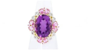 9.00 Carat Amethyst and 1.90 ct. t.w. Pink Sapphire Ring with .11 ct. t.w. Diamonds in 14kt Yellow Gold